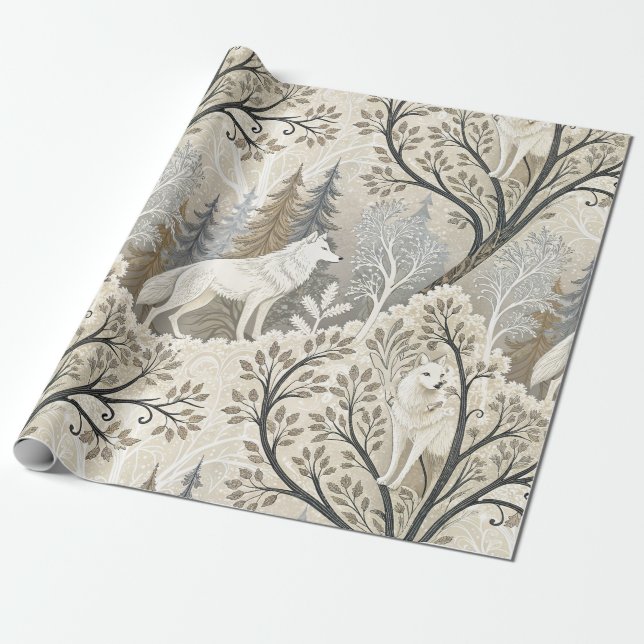 Tranquil Winter Forest Scene med vita Varger Presentpapper (Utrullad)