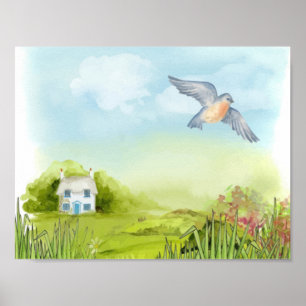 Tranquillblått fågelvilt och liten husmiljö poster