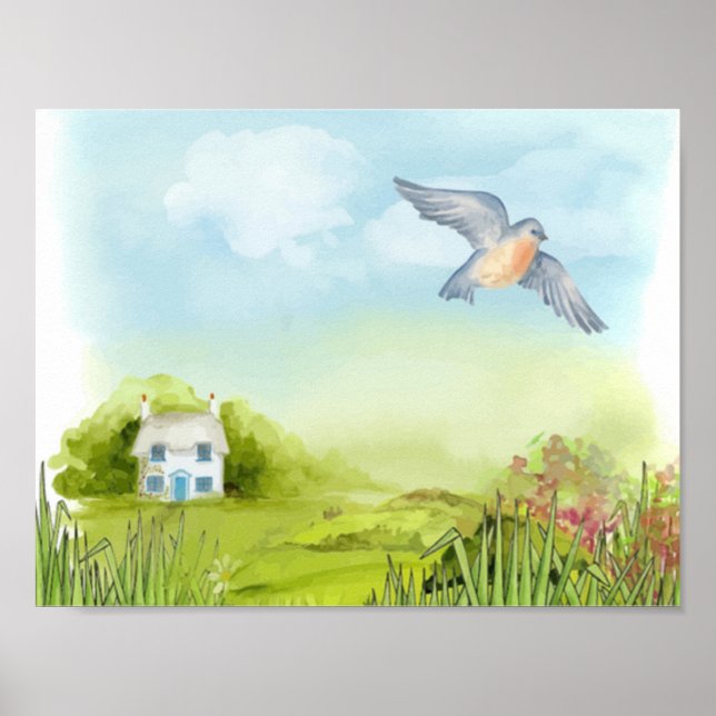 Tranquillblått fågelvilt och liten husmiljö poster (Framsidan)