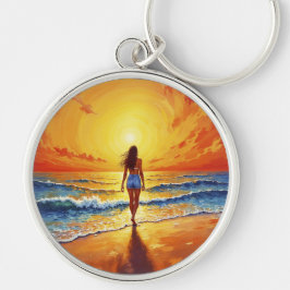 Tranquim shore promenad solnedgång Havsbrig konst Rund Silverfärgad Nyckelring