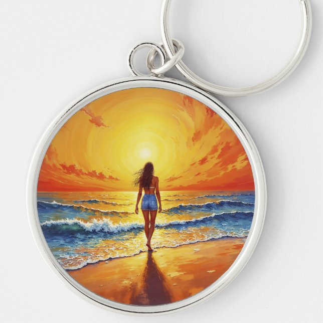 Tranquim shore promenad solnedgång Havsbrig konst Rund Silverfärgad Nyckelring (Framsidan)