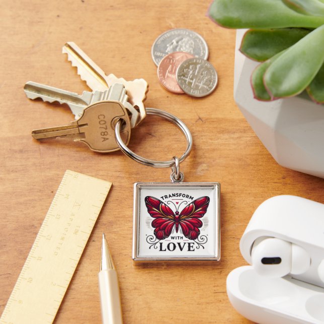 Transform with Love Keychain – Symbol of Change Fyrkantig Silverfärgad Nyckelring (Skrivbord)