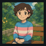 Transgender Flag Anime Person | LGBTQIA   Poster<br><div class="desc">Cute anime transgender person in a trans sweater sitting outside on a bench. A sweet poster to say hi and keep in touch with friends or family.</div>
