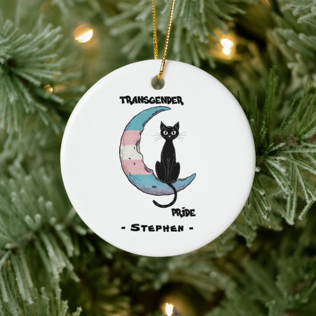 Transgender Pride - Black Cat på Trans Flagga Måne Julgransprydnad Keramik (Träd)