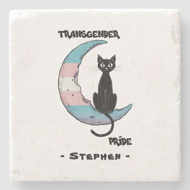 Transgender Pride - Black Cat på Trans Flagga Måne Stenunderlägg (Framsidan)
