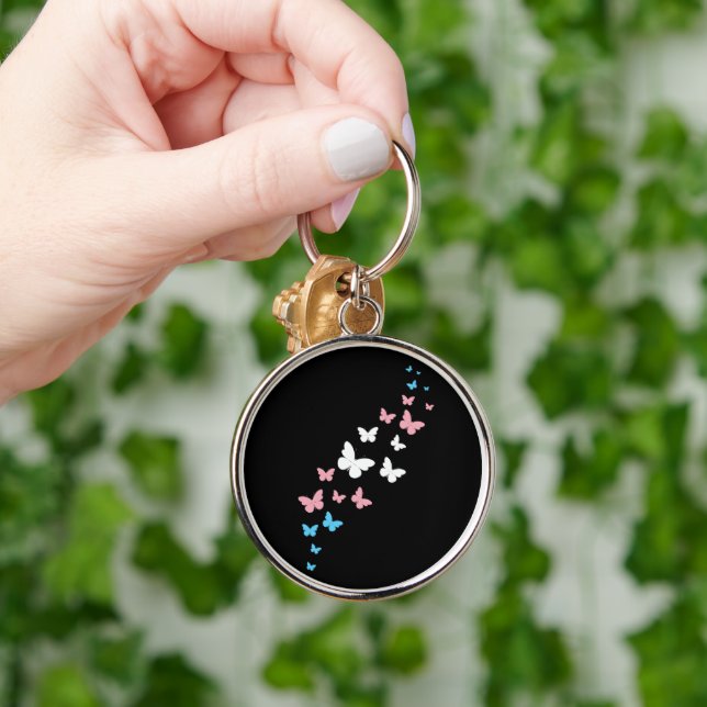 Transgender Pride Butterfly Trail Rund Silverfärgad Nyckelring (Hand)