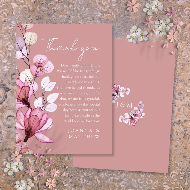 Transparent Blommig Dammros Bröllop Tack Placeringskort (Transparent Floral Dusty Rose Wedding Thank You Place Card)