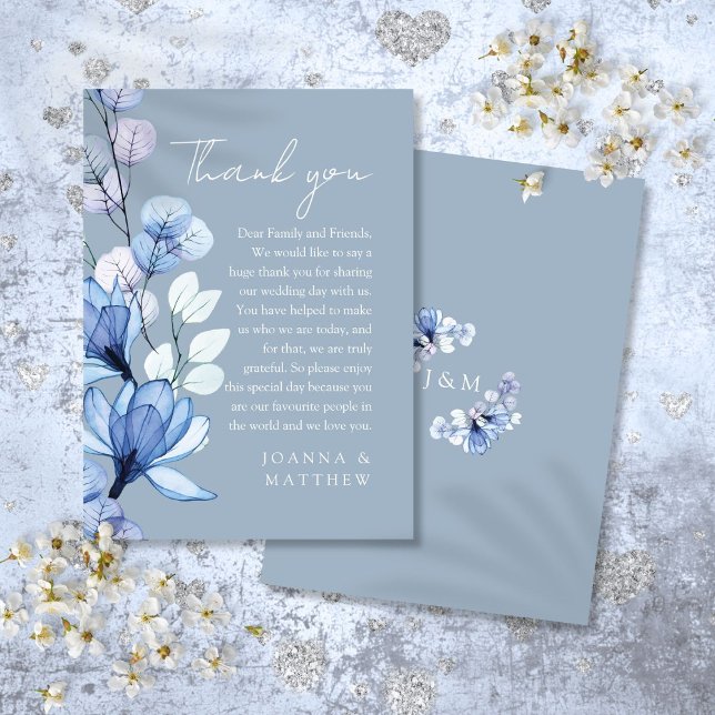 Transparent Blommigt Dusty Blue Bröllop Tack Placeringskort (Transparent Floral Dusty Blue Wedding Thank You Place Card)