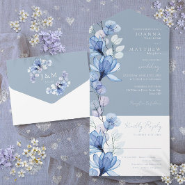 Transparent Blommigt Monogram Dusty Blue Bröllop
