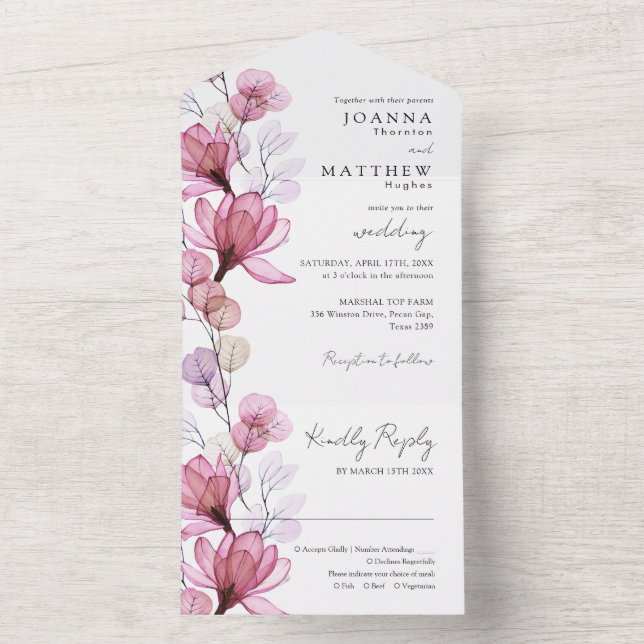 Transparent dammrosa blomster monogram bröllop (Insida)
