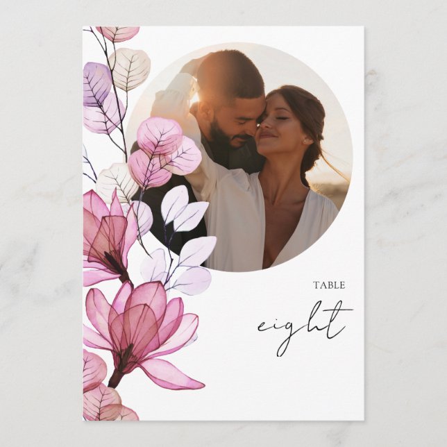 Transparent dammrosa blomstergalleri bordskort (Framsida)