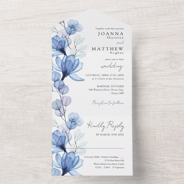 Transparent Dusty Blue Blommigt Monogram Bröllop (Insida)