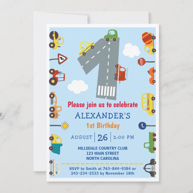 Transport 1:a födelsedagsbjudan inbjudningar (Framsida)