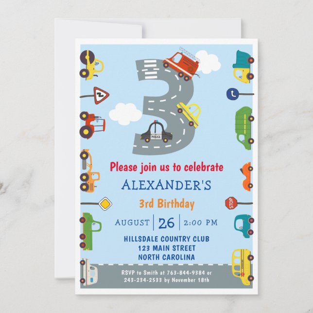Transport 3:e födelsedagsinbjudan inbjudningar (Framsida)