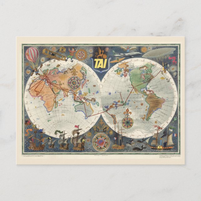 Transport Aeriens Internationaux World Map Vykort (Framsida)