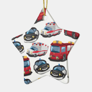 Transport av polis, ambulans och brandförsvar julgransprydnad keramik