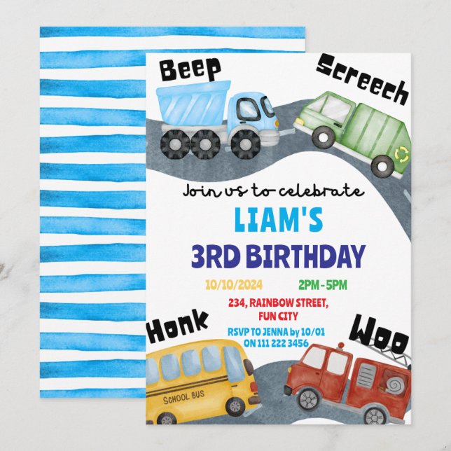 Transport Beep Screech Woo Boy Blue Birthday Inbjudningar (Fram/baksida)