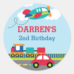 Transport Boys Birthday Favor Stickers Runt Klistermärke