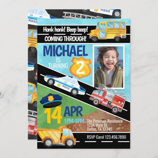 Transport Car Lastbil Födelsedagsfest inbjudan (Fram/baksida)