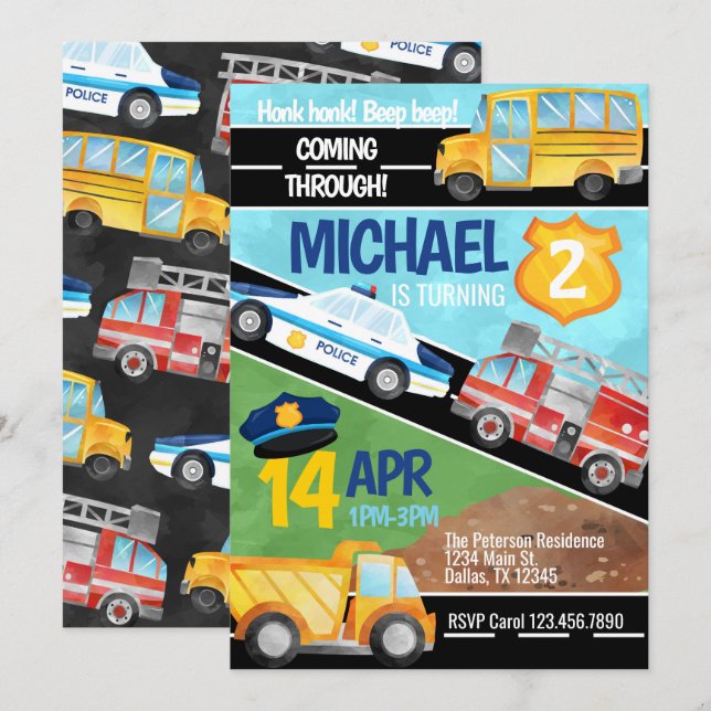 Transport Car Lastbil Födelsedagsfest inbjudan (Fram/baksida)