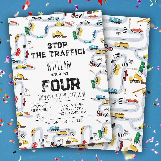 Transport Cars Lastbilar Stoppa trafiken på födels Inbjudningar (Transportation Cars Trucks Stop Traffic Birthday Invitation)