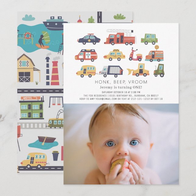 Transport City Cars Lastbilar Photo 1st Birthday Inbjudningar (Fram/baksida)
