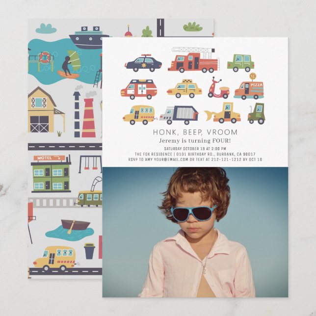 Transport City Cars Lastbilar Photo Birthday Inbjudningar (Fram/baksida)