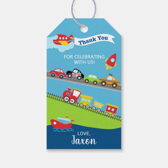 Transport fordon pojkens födelsedag tack märkre. presentetikett (Framsidan)