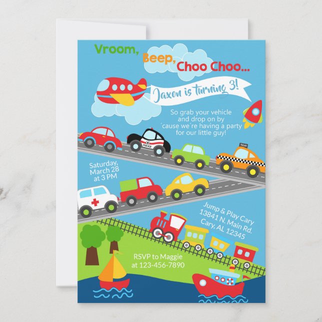 Transport fordon pojkens födelsedagsinbjudan. inbjudningar (Framsida)