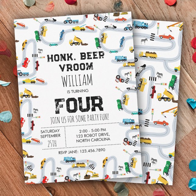 Transport Lastbilar Honk Beep Vroom Birthday Inbjudningar (Transportation Trucks Honk Beep Vroom Birthday Invitation)