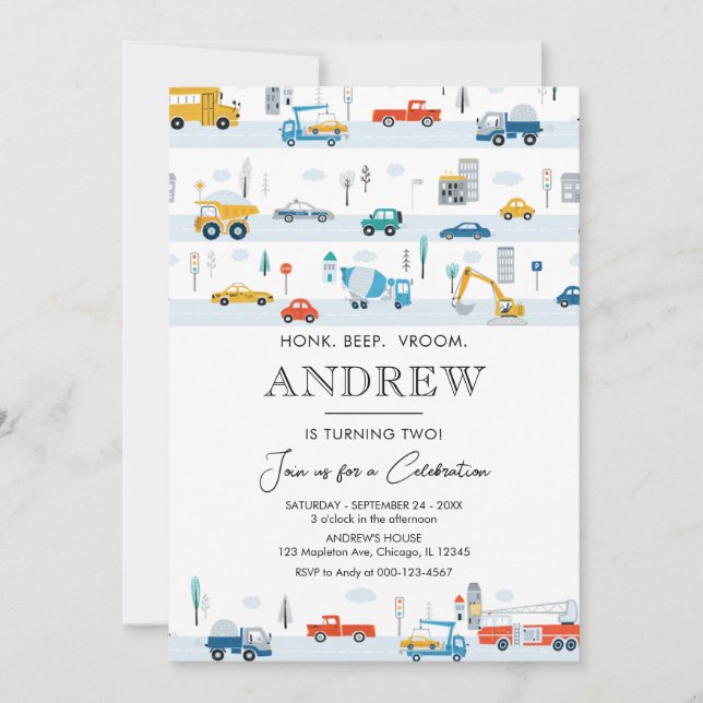 Transport Lastbilar och Cars Boy Birthday Inbjudningar (Framsida)