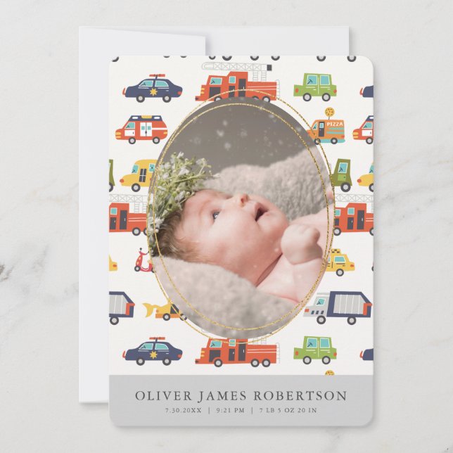 Transportatioin City Cars Boy Birth Announcement Inbjudningar (Framsida)