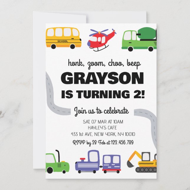 Transportation 2nd Birthday Invitation for Boy Inbjudningar (Framsida)
