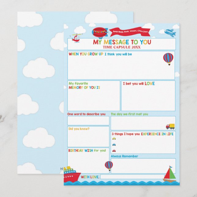 Transportation Activity Time Capsule Message Card  Inbjudningar (Fram/baksida)