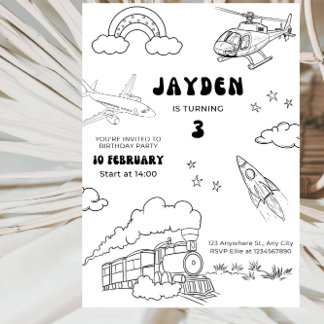 Transportation Line Art Boy’s 3rd Birthday Party Inbjudningar