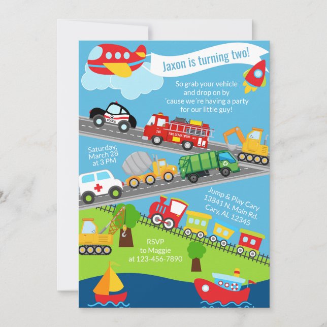 Transportation vehicles boy birthday invite. inbjudningar (Framsida)
