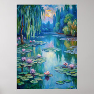 Transquil Pond med Vatten Lilies i Dusk Poster