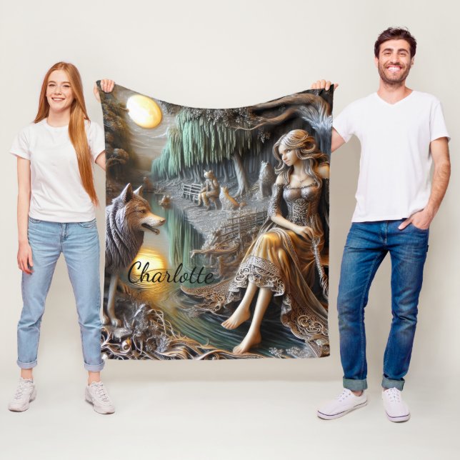 Transquil River night med en indisk och varg Fleecefilt (På plats)