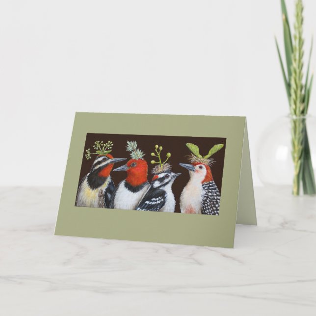 Träpeckar på Grönt Hat night Card Kort (Framsida)