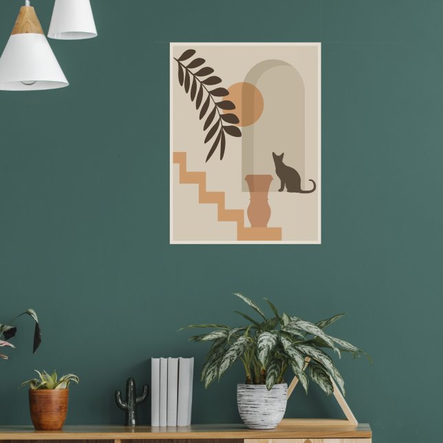 Trappa Blad Vas Katt, Boho Abstrakt Geometrisk Kon Poster (Vardagsrum 1)