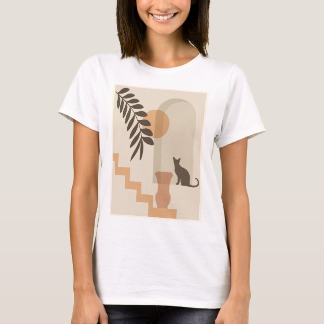 Trappa Blad Vas Katt, Boho Abstrakt Geometrisk Kon T Shirt (Framsida)