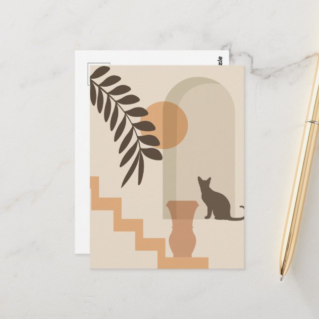 Trappa Blad Vas Katt, Boho Abstrakt Geometrisk Kon Vykort (Fram/Back In Situ)