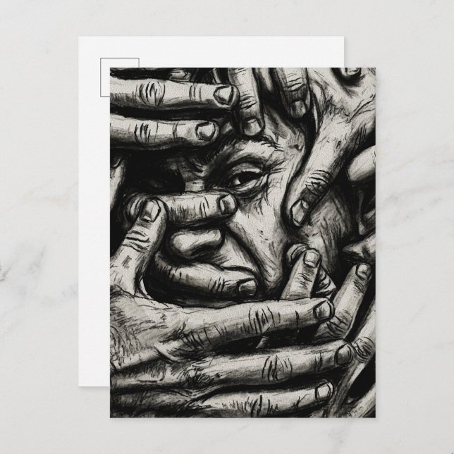 Trapped Thoughts – Charcoal Hands Black and White Vykort (Fram/baksida)