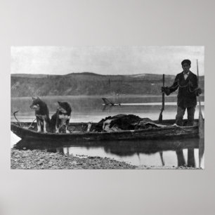 Trapper på Canoe med Gömt och Hundar Alaska Poster