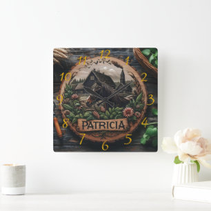 Träring av häst nära Rustic Farmhouse Fyrkantig Klocka