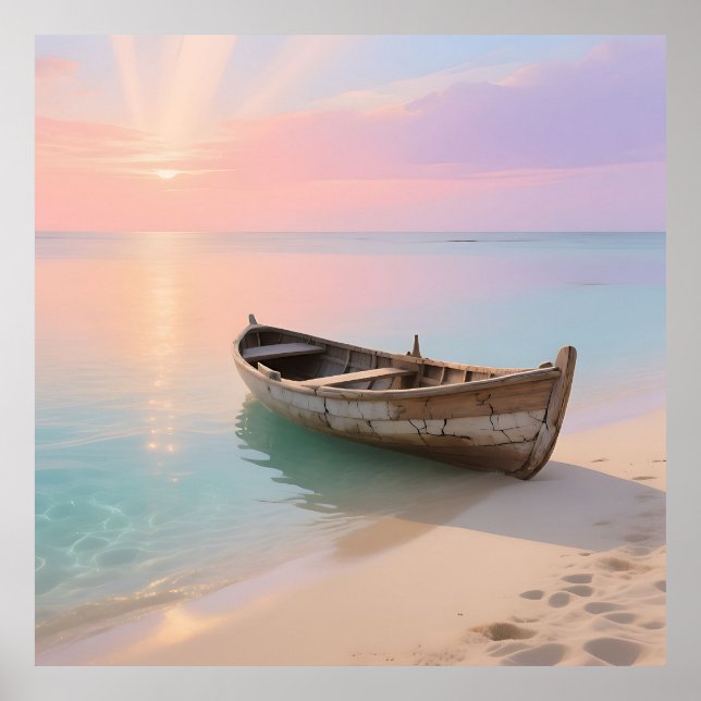 Träs båt Tropisk solnedgång Strand Poster (Framsidan)