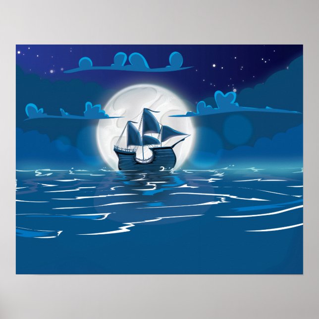 Träsegelfartyg resa i månsken poster (Framsidan)