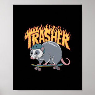 Trasher Skateboarding Opossum Hjälm Flames Skate  Poster