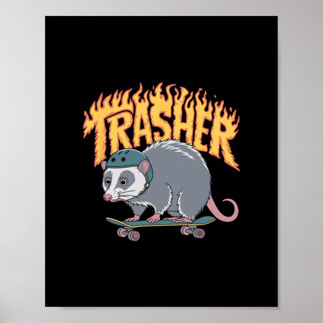 Trasher Skateboarding Opossum Hjälm Flames Skate  Poster (Framsidan)