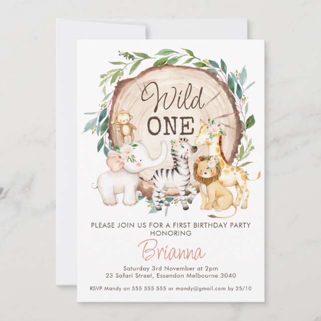 Träskiva Lövverk Flickor Safari Första Födelsedage Inbjudningar (Framsida)